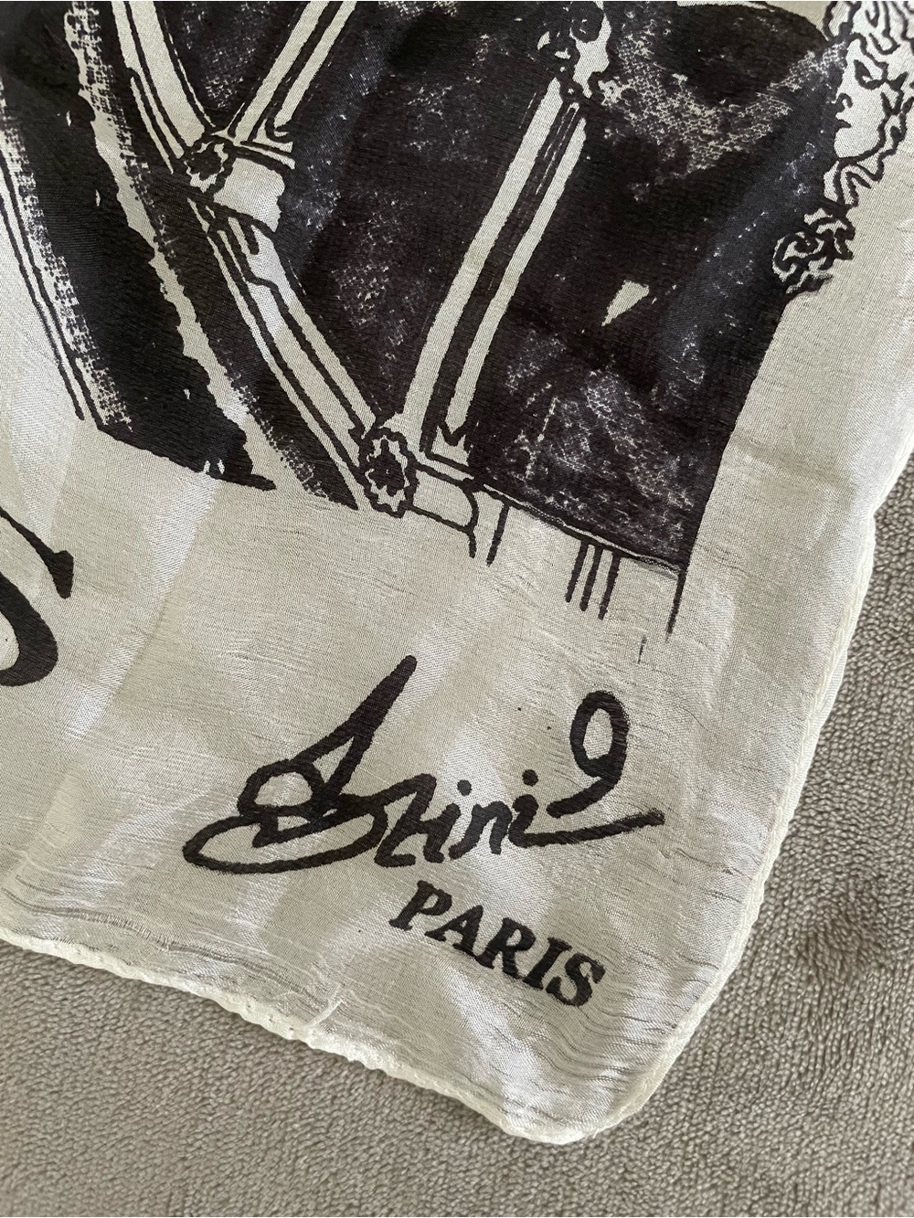 Paris 100% Silk Sheer Landmark Print Oblong Scarf Black Ivory 20x70 - Picture 7 of 14